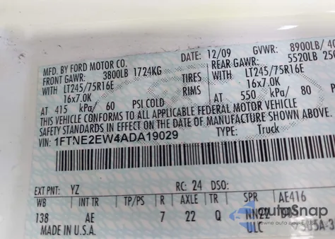 2010 Ford Econoline Commercial/Recreational from USA, damaged, VIN 1FTNE2EW4ADA19029